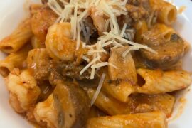 Rigatoni with red sauce and mushrooms ,shrimp and Italian sausage
