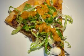 Mexican pizza experiment — NY Style crust, home made enchilada sauce, mozz/gouda shreds