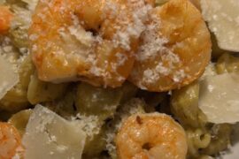 Orecchiette with basil & pistachio pesto and shrimps