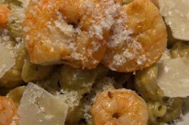 Orecchiette with basil & pistachio pesto and shrimps