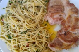 Spaghettini Agliolio with Pork Steak