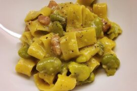 Calamarata with fava beans, salsiccia, onion, garlic, butter, salted anchovies*, grana padano and a drizzle of lemon juice