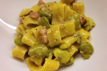 Calamarata with fava beans, salsiccia, onion, garlic, butter, salted anchovies*, grana padano and a drizzle of lemon juice