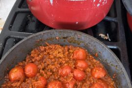 Making my own sauce with soy chorizo and spices from Momofuku for my pasta
