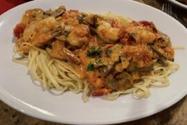 My comfort food: creamy shrimp pasta with mushrooms and tomatoes, what would you add?