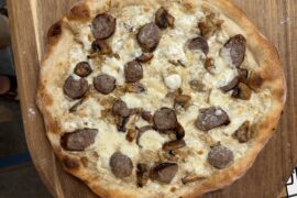 Sausage, mushrooms, onions.