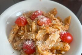 Penne Ziti Rigatti with Prego Pizza Sauce; topped with parsley from Badia, Grated Parmesan cheese from crystal farms and cherry tomatoes. Hope u enjoy!
