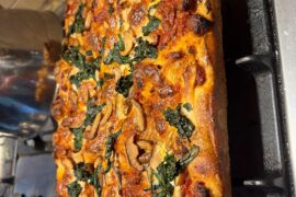 Home Sourdough Grandmom Pizza with Local Beef and Herb Sauce