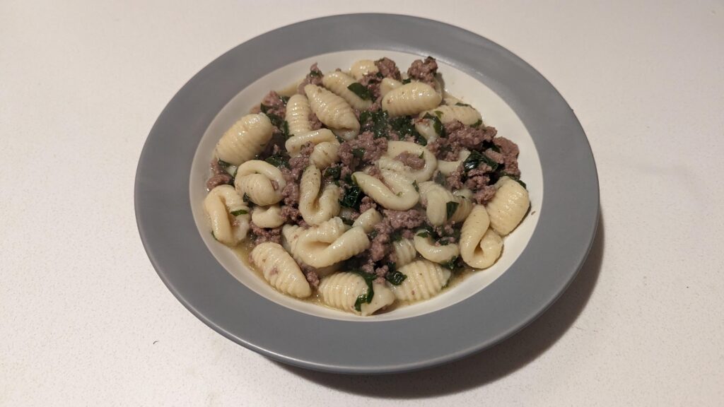Cavatelli with broccoli rabe, ground lamb, garlic, oil, white wine, lemon