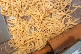 Fresh pasta and leftover venison goulash.