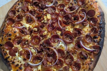Pepperoni with onions, bacon, feta