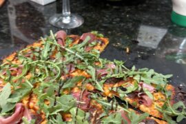 Friday Night Pizza Nite: Chicago tavern-style with basil, arugula, prosciutto, and balsamic glaze