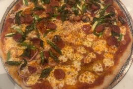 Home oven on steel, NY style. Pepperoni, mushroom, shallot, asparagus. Nailed the crust.