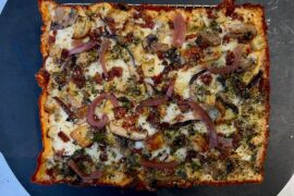Homemade Detroit-style pizza