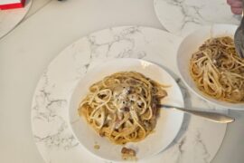 Carbonara pasta made with guanciale