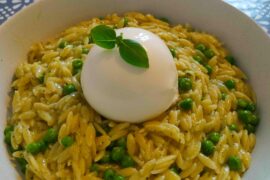 Orzo risotto, parmesan, pesto (homemade) and burrata.