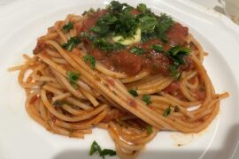 Spaghetti with San Marzano tomatoes and bacon