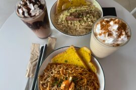 Pasta Cafe Date — Shrimp Spaghetti, Creamy White Sauce Pasta, Garlic Bread, and Iced Coffee
