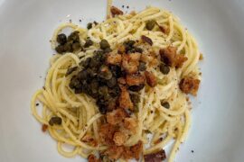 spaghetti al limone + capers + breadcrumbs