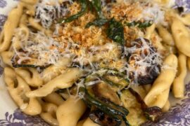 Homemade capunti with fried zucchini, crispy sage, brown butter and pangrattato