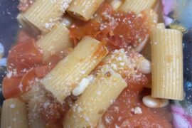 Rigatoni with homemade tomato sauce white beans and dairy free parmigiana