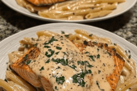 Creamy Garlic Butter Salmon over Parmesan Penne