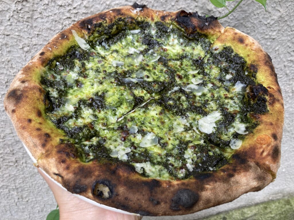 Spinach and garlic sauce. Sort of a “palak” pizza i guess