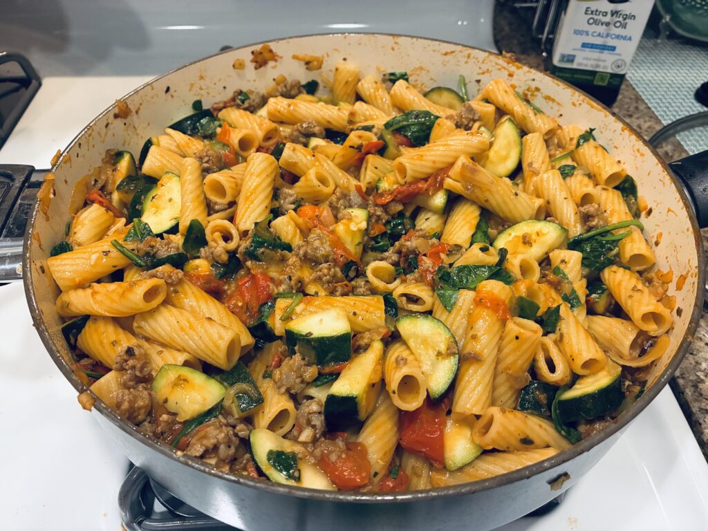 Dinner last night - Rigatoni with Italian sausage, zucchini, grape tomatoes, and spinach
