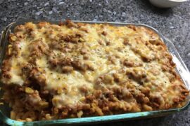 Homemade baked mac n cheese with minced beef