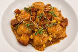 Cajun Crawfish Ravioli, with homemade andouille sausage, potatoes, and corn. In a crawfish stock and Crawfish brown Butter Reduction. It’s a Seafood Boil in a pasta!