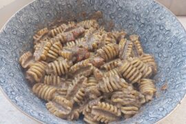 Radiadoti with pancetta and black trumpet sauce