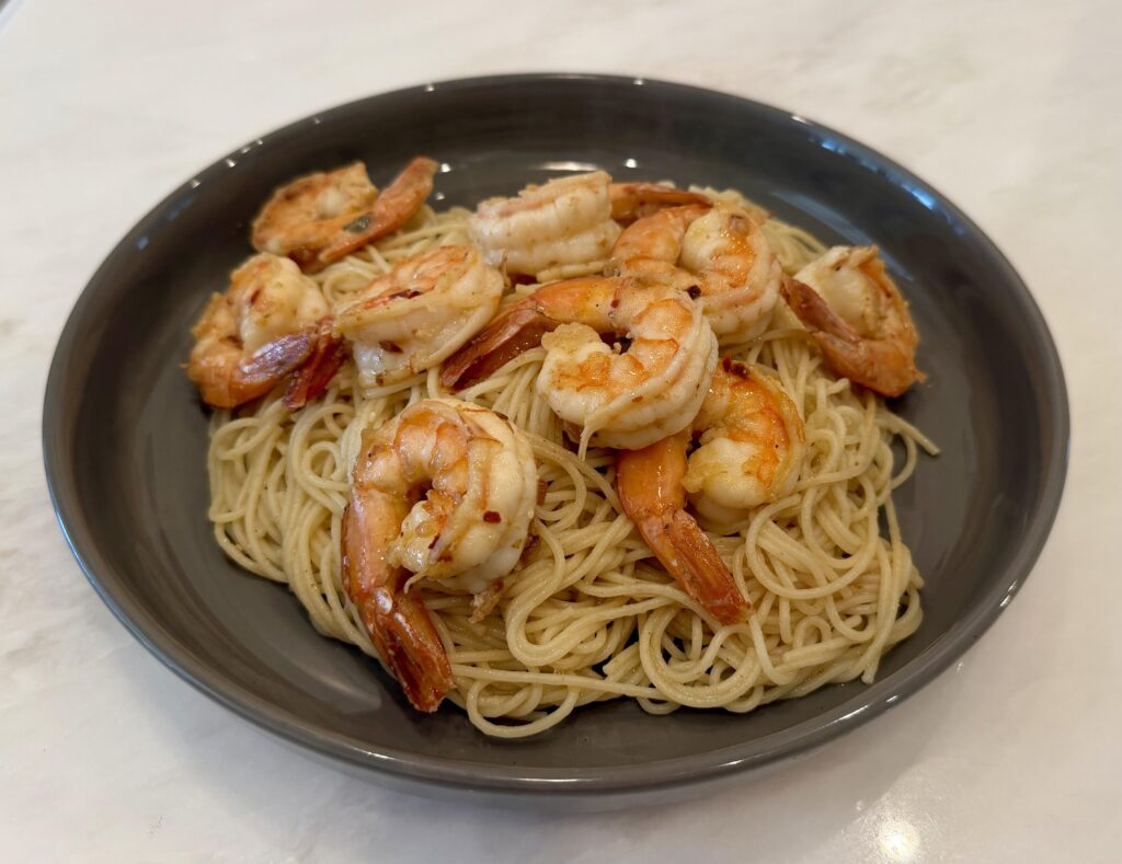 Shrimp scampi on angel hair pasta