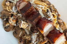 Spaghetti and pork belly.