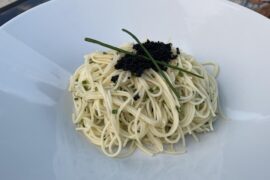 Cold angel hair with champagne vinegar, chive and roe