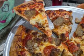 The Slaughterhouse - Red Sauce Base with Meatballs, Bacon, Sausage & Pepperoni - HomeGrown Pizza - Morgantown WV