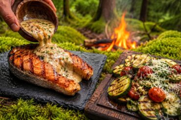 King SALMON with White Wine Sauce and Grilled Zucchini | ASMR Cooking in Nature