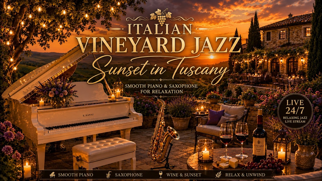 Italian Vineyard Jazz 🍷 Sunset in Tuscany | Smooth Piano & Soft Saxophone for Relaxation Italian Vineyard Jazz 🍷 Sunset in Tuscany | Smooth Piano & Soft Saxophone for Relaxation