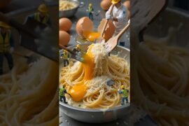 Tiny Workers Cook & Serve a Giant Pasta Carbonara 🍝 | Classic Italian Dish #Shorts