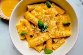 Rigatoni with a sauce of zucchini, sweet potato, mascarpone, and gorgonzola