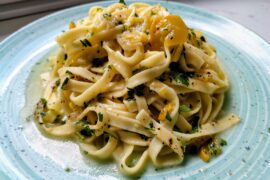 Lemon butter tagliatelle with yellow zucchini and shallots
