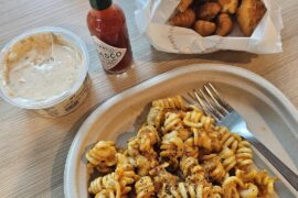 Homemade rotini pasta with a side of mini croissants & garlic dip!