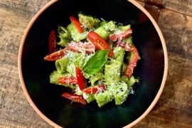 Rigatoni with Pecorino Romano Sausage and Pesto with Mom’s Basil