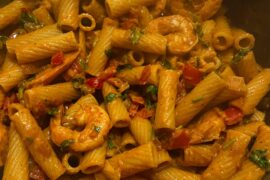 Creamy white wine and tomato rigatoni with shrimp