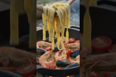 🍤 Hidden Alpine Lake Seafood Pasta | Authentic Italian Outdoor Cooking in the Italian Alps#shorts