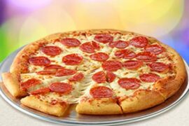 Traditional crust pepperoni pizza at Chuck E. Cheese.