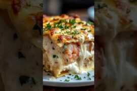 Creamy Garlic Shrimp Lasagna  #comfortfood #food #easydinner #cooking #familydinner