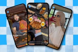 A composite image featuring three photographs of European halal food influencers, set artwork of smartphone screens, from the left: Oompie Fais, Brussels Halal Food and The Italian Revert