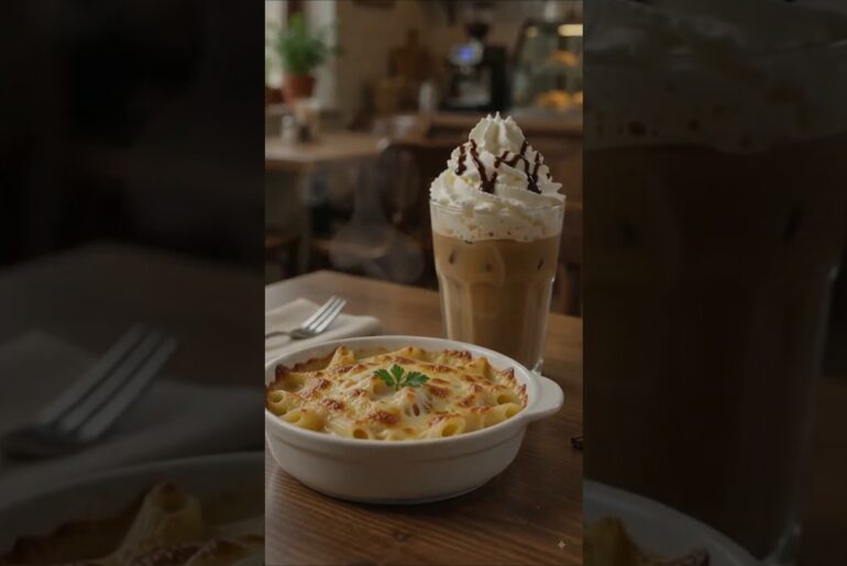 🍝🧀 Cheesy pasta + cold coffee = perfect combo! 🤤❤️#BakedPasta #amazing #amsr#viral#Trending#fyp