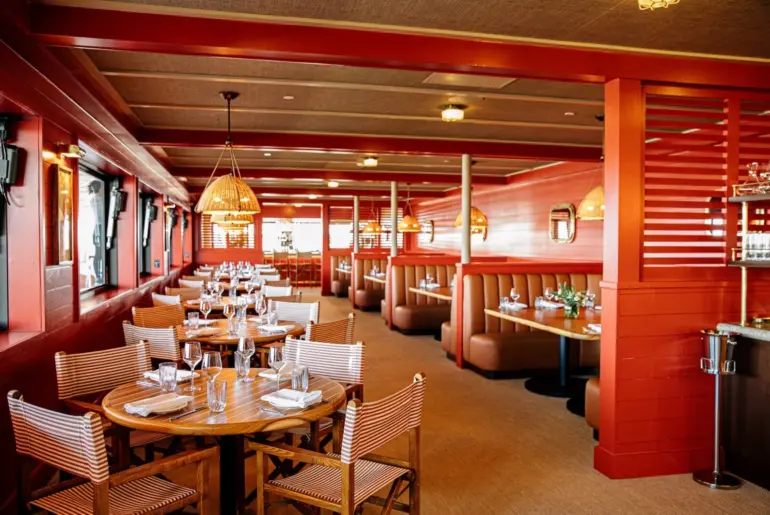 Inside a red-toned dining room