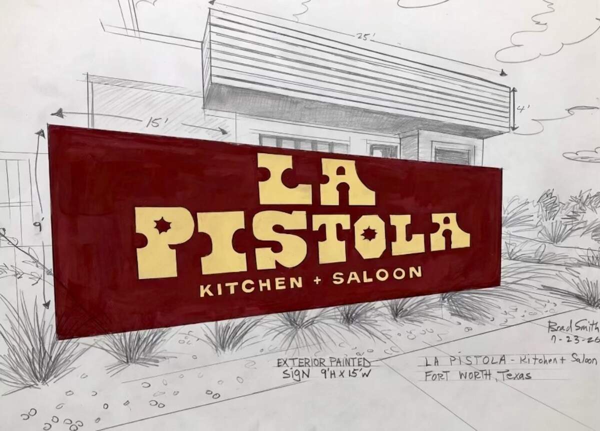 The proposed sign for La Pistola Kitchen + Saloon, a western-style Italian restaurant in Fort Worth, Texas
